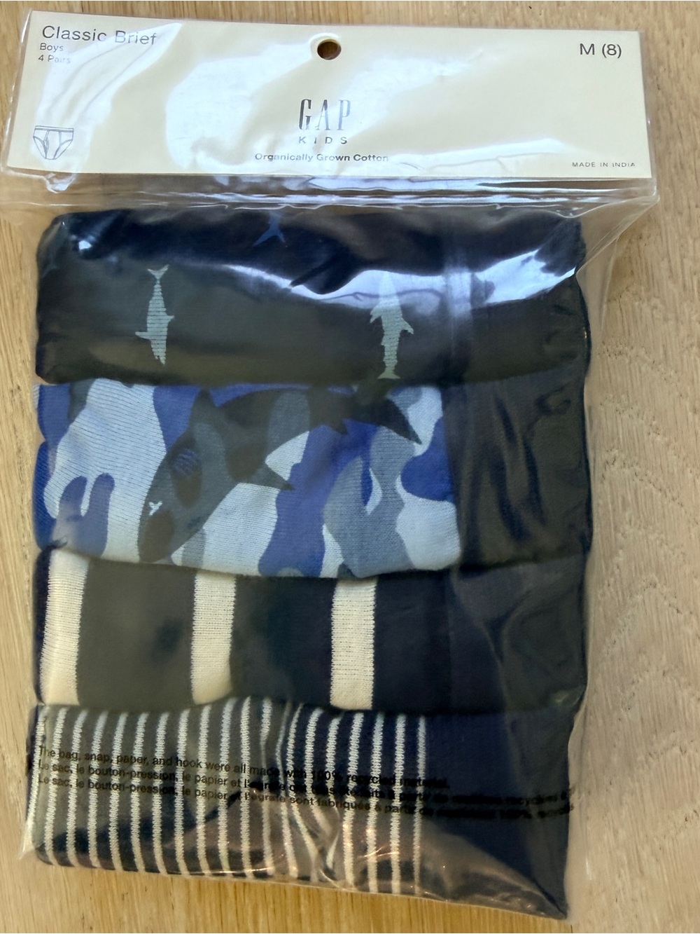 GAP Boys Briefs 4 Pack - Shark, Stripes & Blue Camo - Size M (8) - NWT